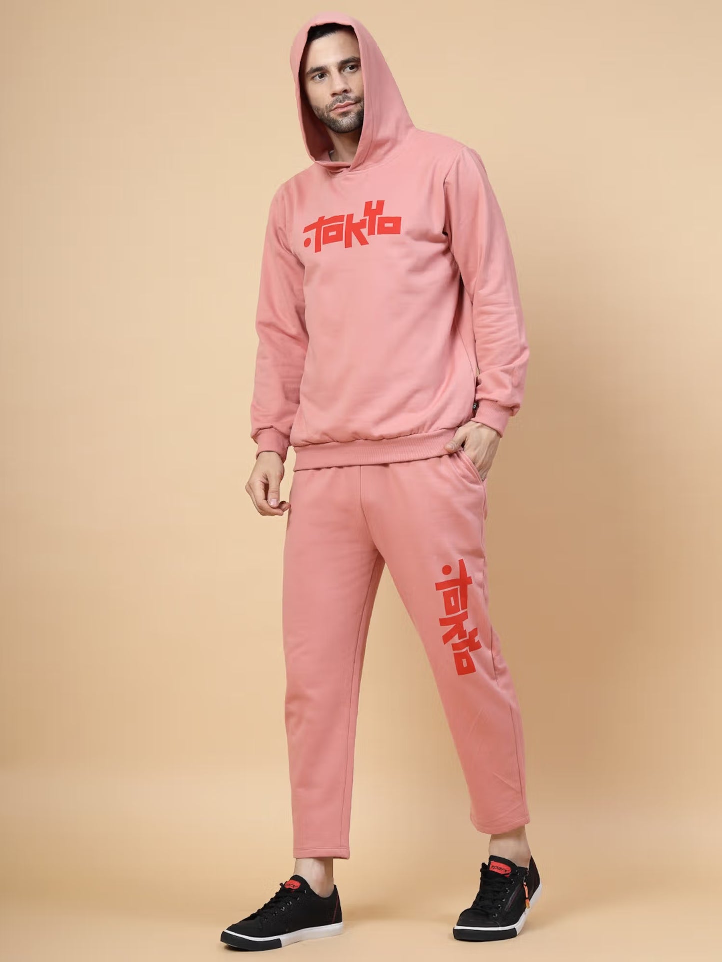 RIGO Men Pink Oversized Printed Fleece Co-ords Set