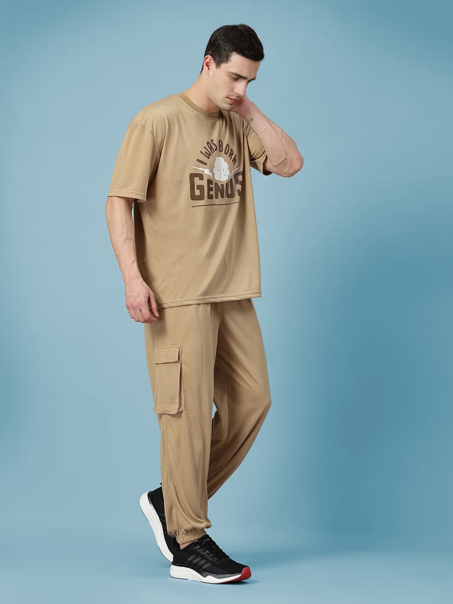 CHKOKKO Khaki Men Summer Co-ord Set