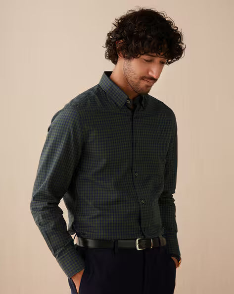 Checked Spread-Collar Shirt
