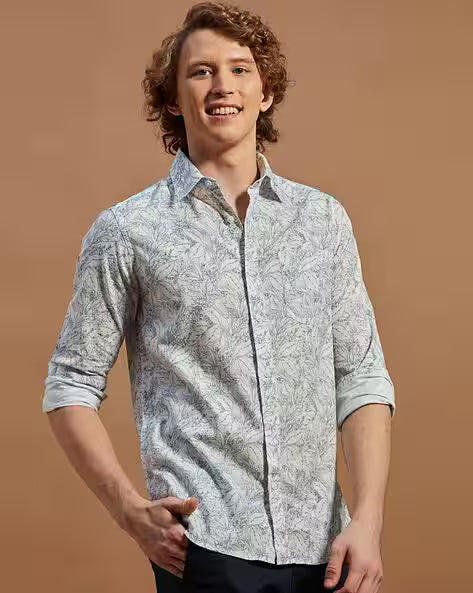 Men Floral Slim Fit Shirt with Spread Collar