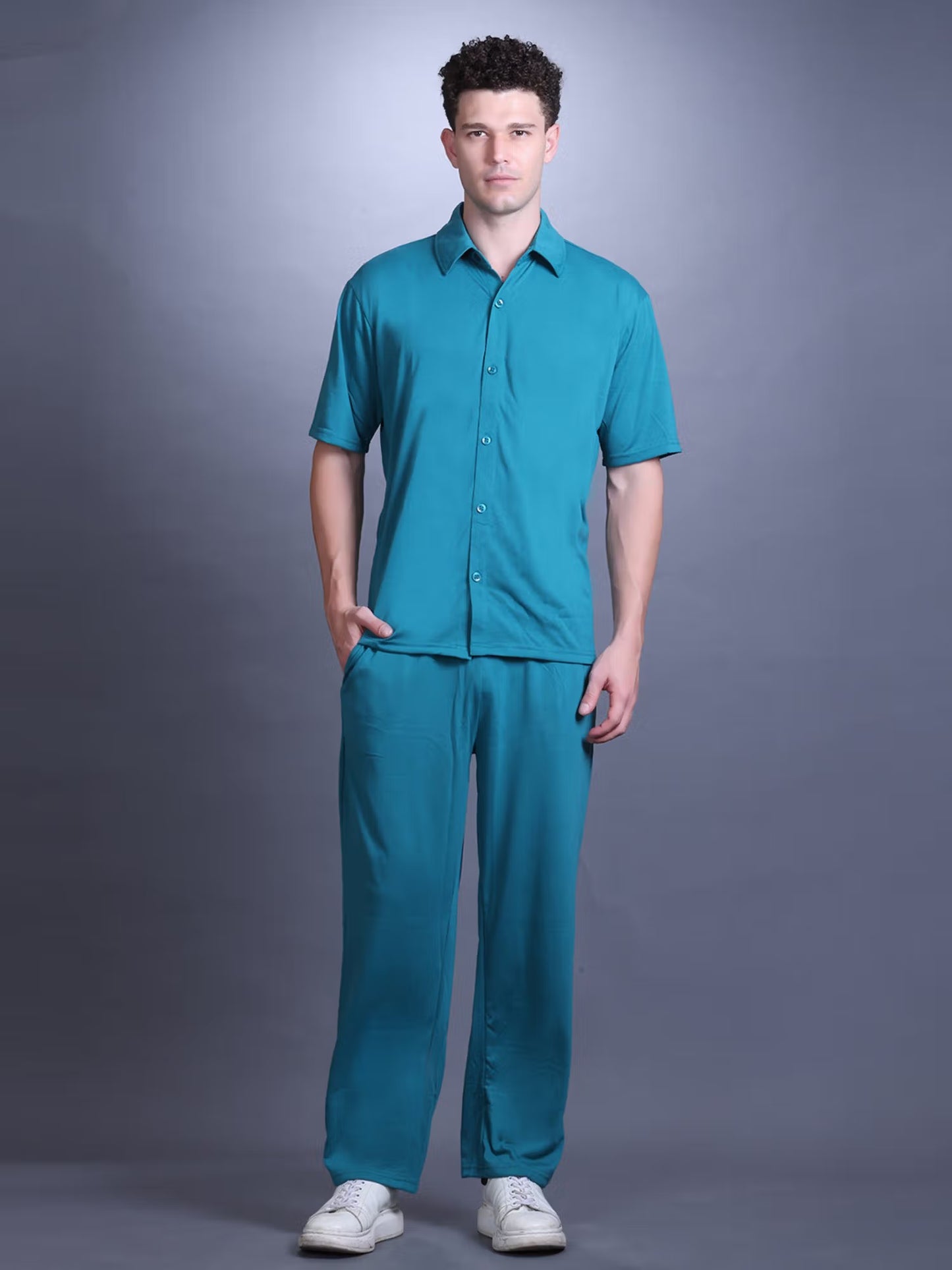 CHKOKKO Men Teal Solid Collar Neck Summer Co-ord Set