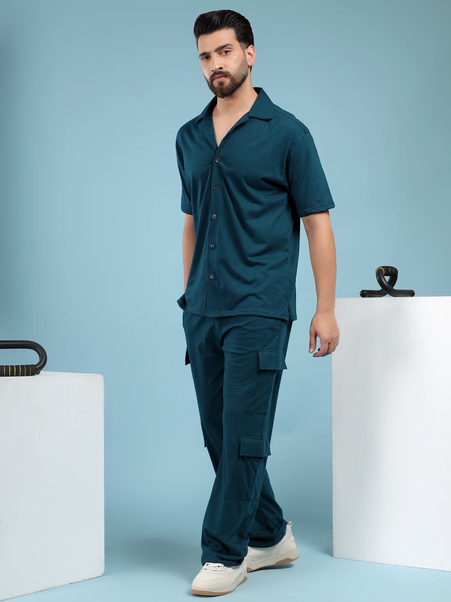 Kvetoo Men Green Cotton Solid Co-ord Set
