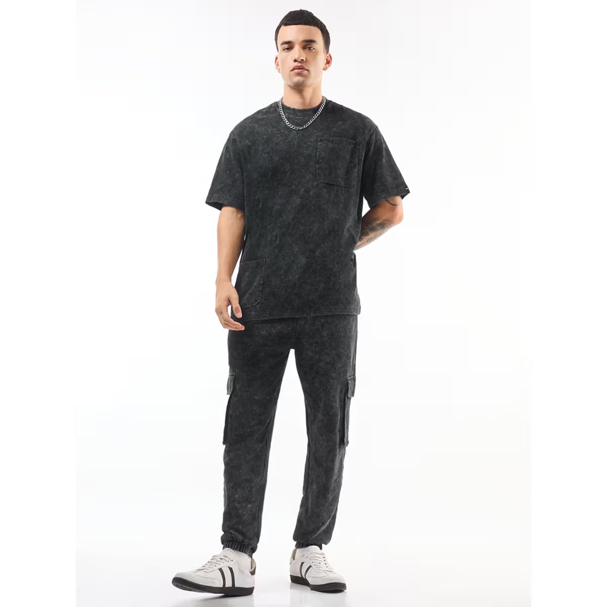 Bewakoof Men's Black Oversized Acid Wash Co-ord Set