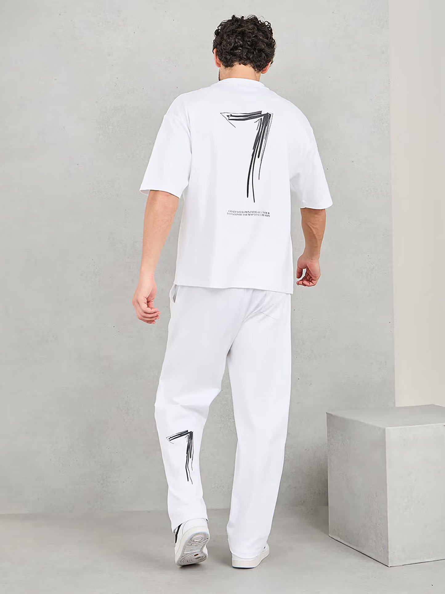 Styli White Back Contrast 7 Print T-shirt & Open Hem Jogger Interlock Co-ords Set