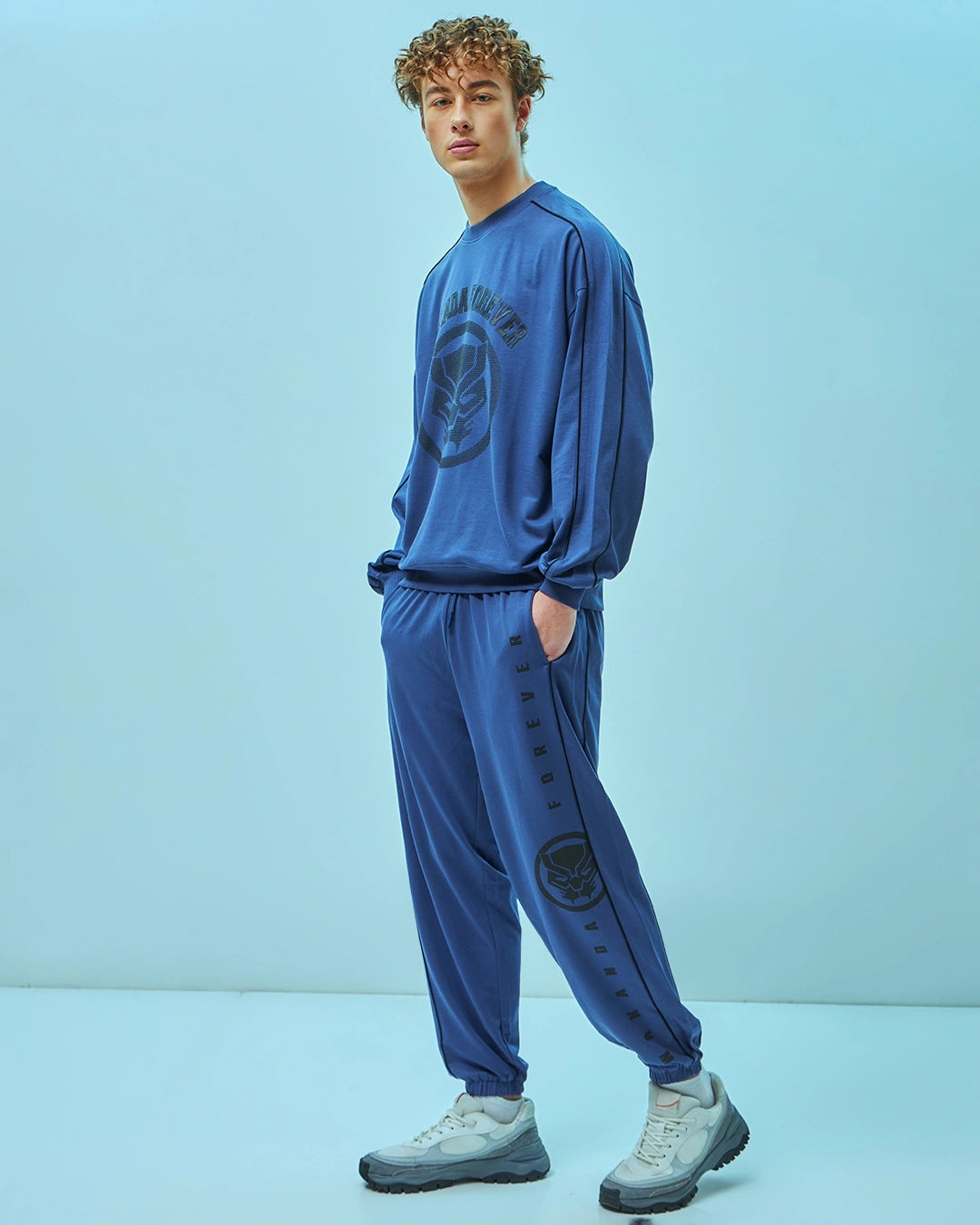 Men's Skipper Blue Black Panther Graphic Printed Oversized Co-ord Set