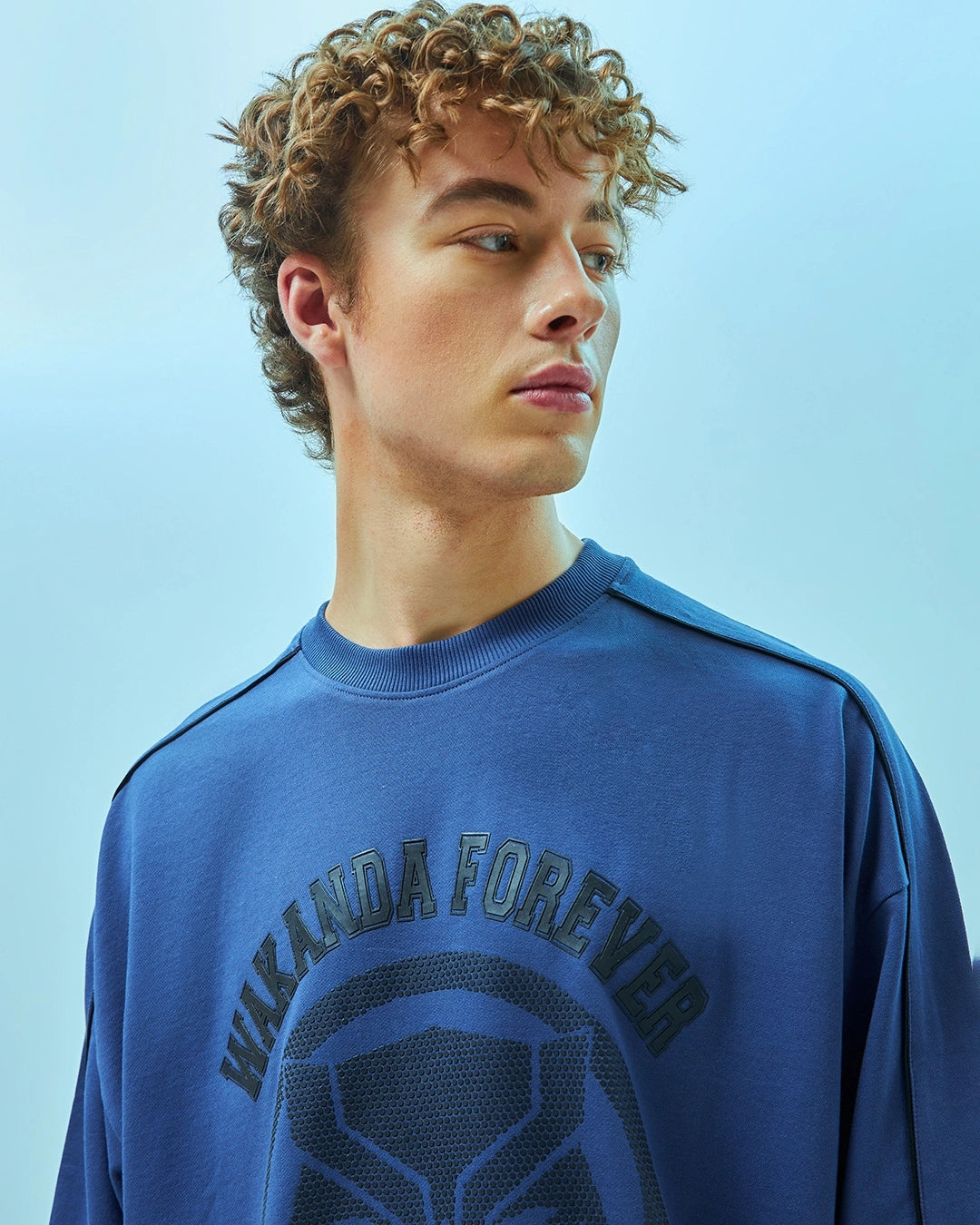 Men's Skipper Blue Black Panther Graphic Printed Oversized Co-ord Set