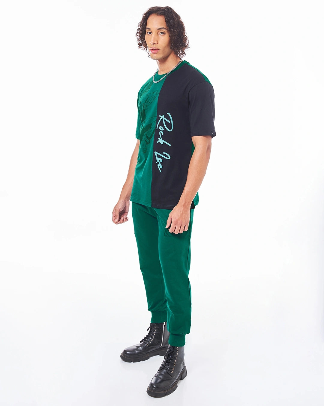 Men's Green & Black Rock Lee Graphic Printed Oversized Co-ord Set
