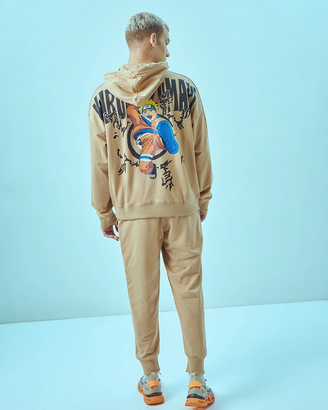 Men's Brown Naruto Graphic Printed Oversized Co-ord Set