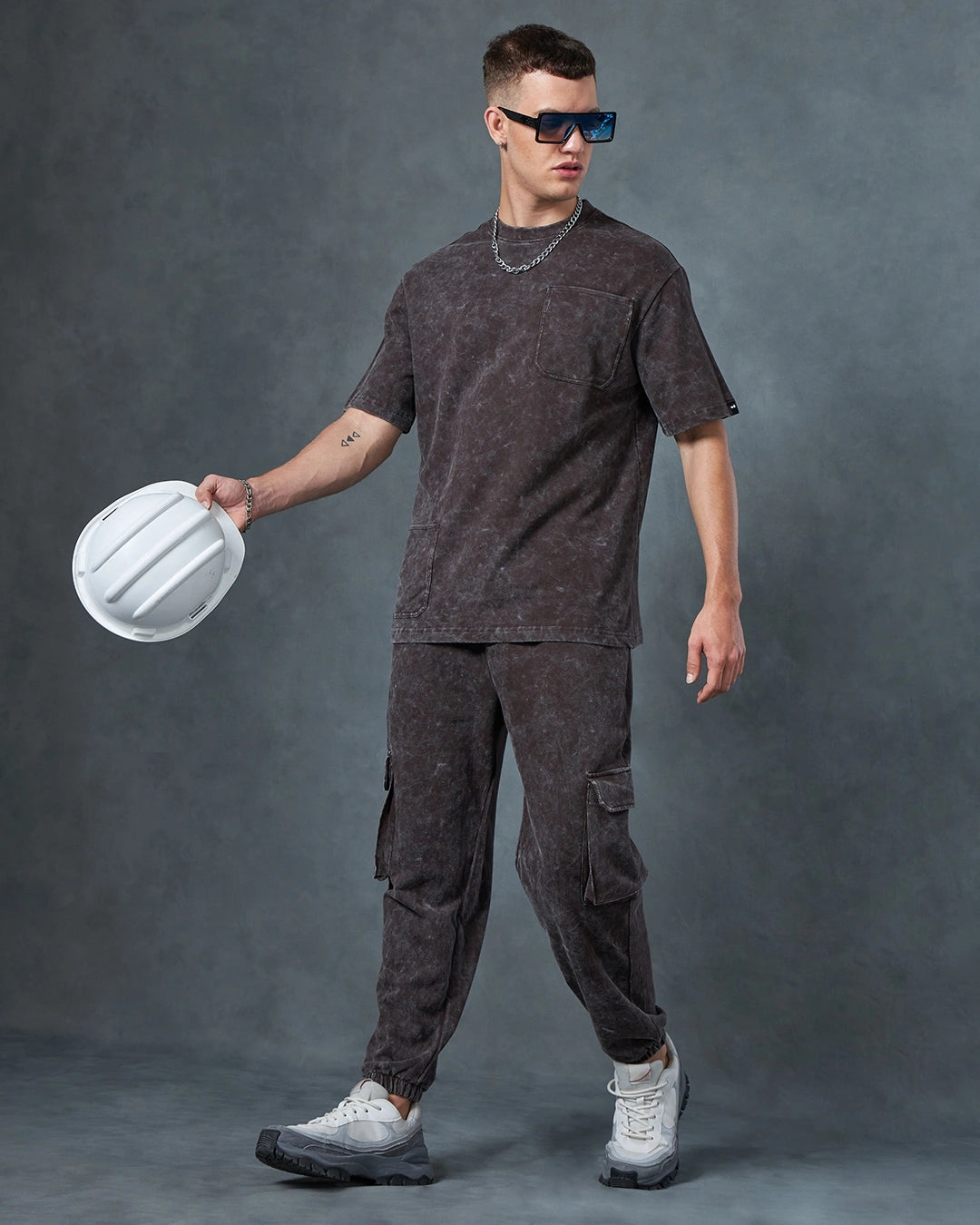 Men's Brown Oversized Acid Wash Co-ord Set