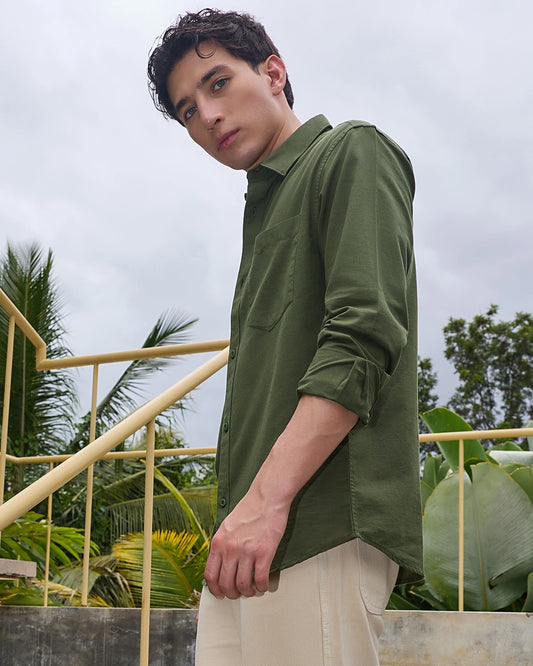 Men's Olive Green Cotton Linen Shirt