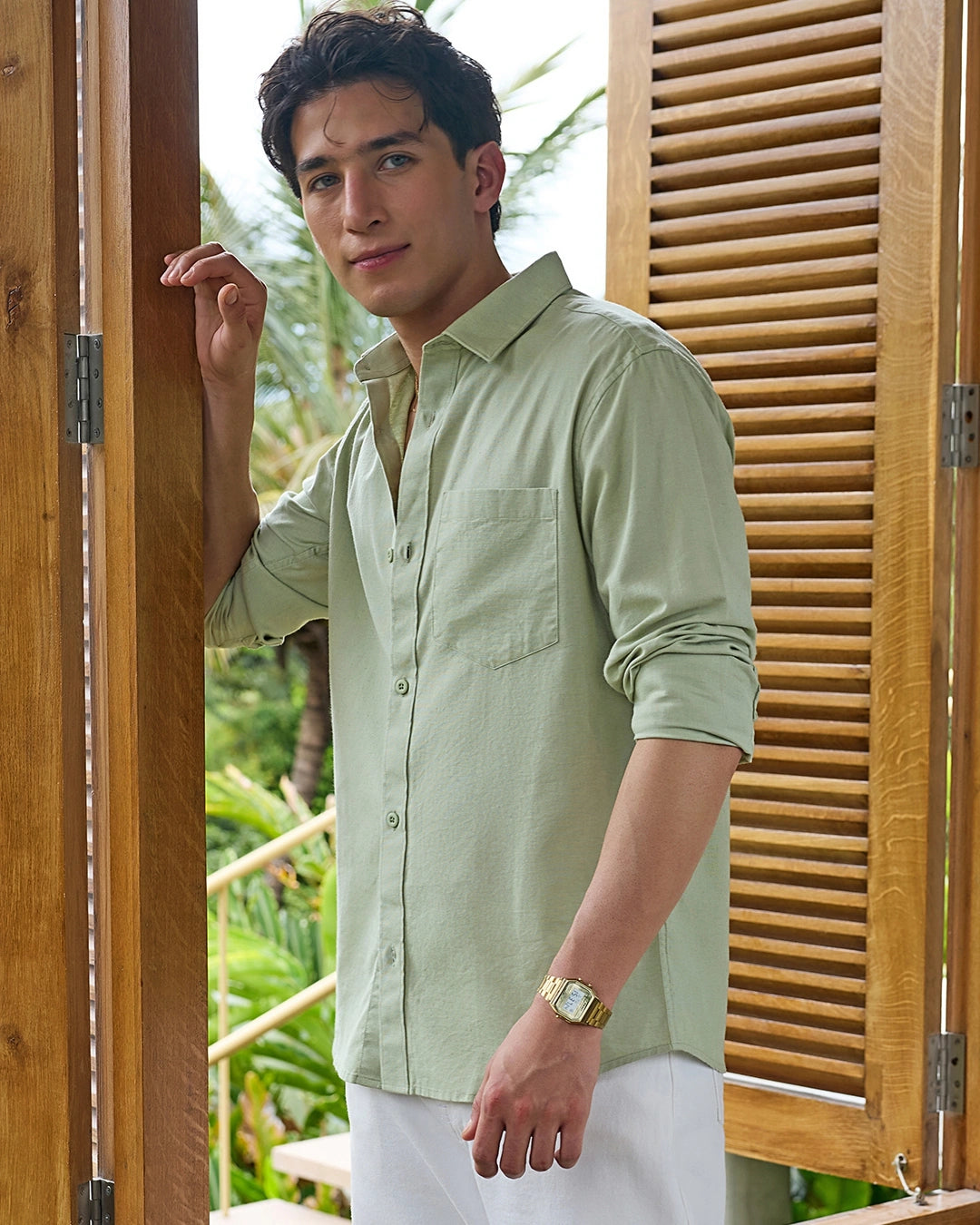 Men's Sage Green Cotton Linen Shirt