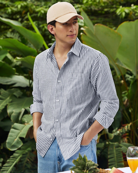 Men's White & Grey Striped Cotton Linen Shirt