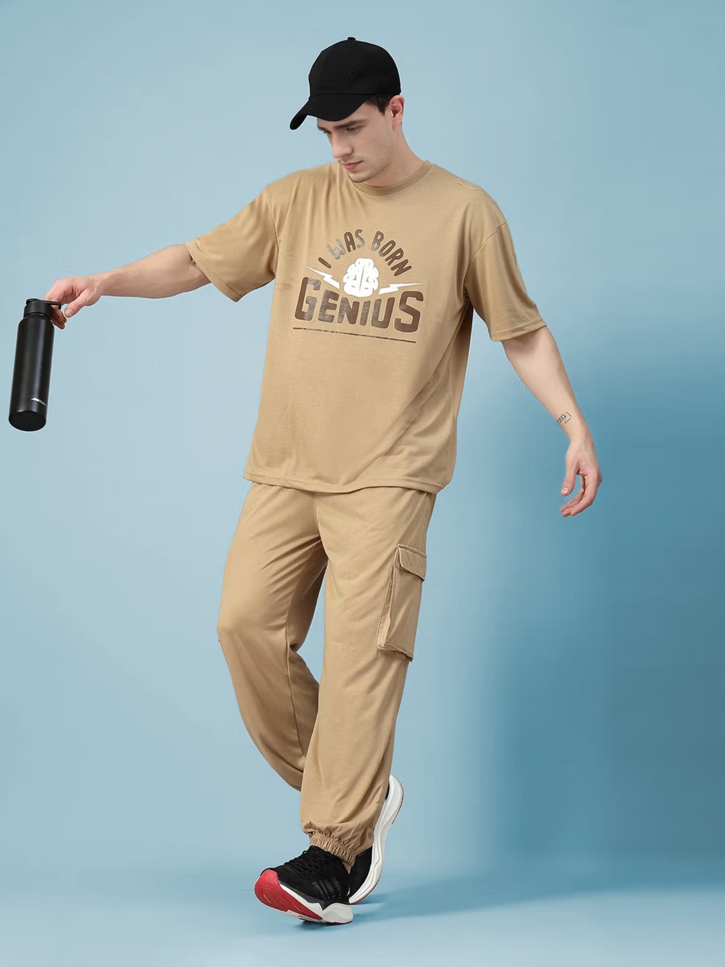 CHKOKKO Khaki Men Summer Co-ord Set