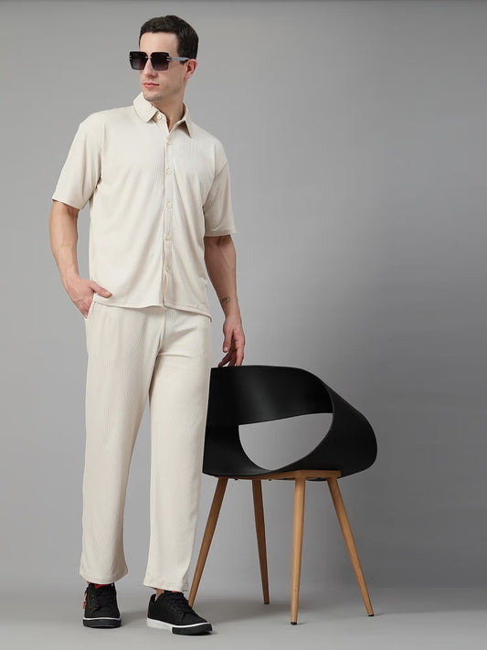CHKOKKO Beige Men Summer Co-Ord Set