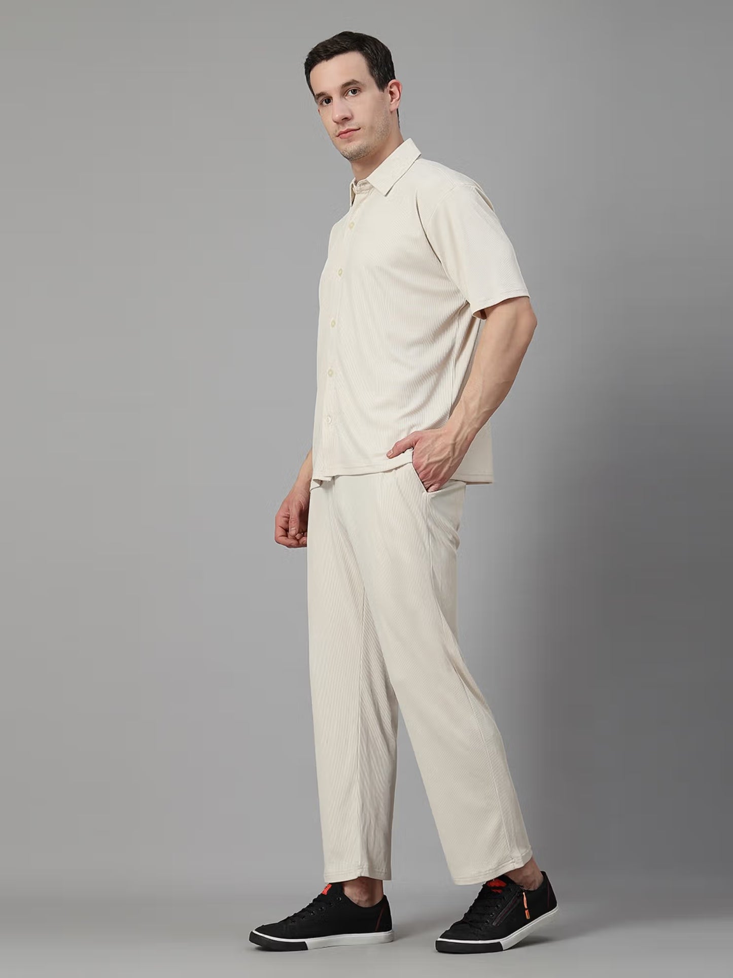 CHKOKKO Beige Men Summer Co-Ord Set