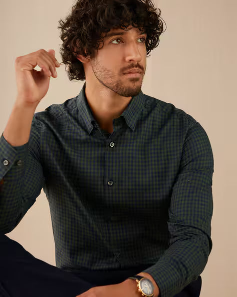 Checked Spread-Collar Shirt