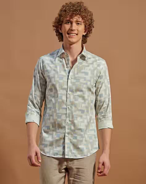 Men Abstract Slim Fit Shirt with Spread Collar