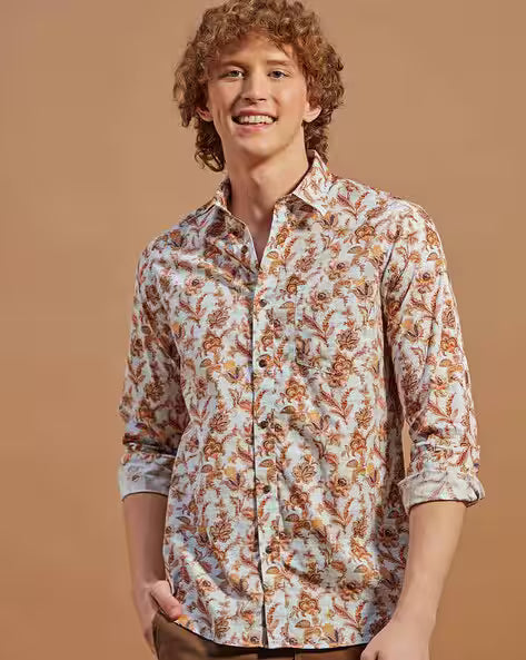 Men Floral Regular Fit Shirt with Spread Collar