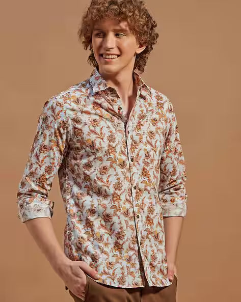 Men Floral Regular Fit Shirt with Spread Collar