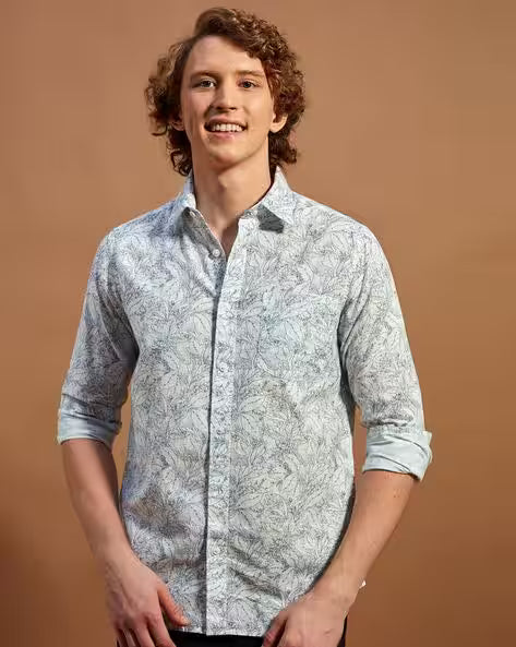 Men Floral Slim Fit Shirt with Spread Collar