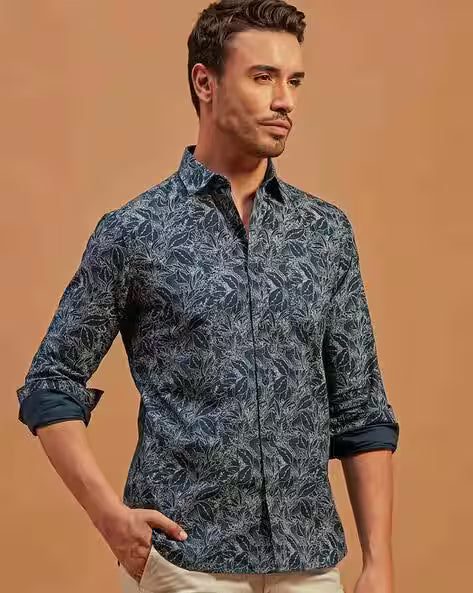 Men Floral Slim Fit Shirt with Spread Collar