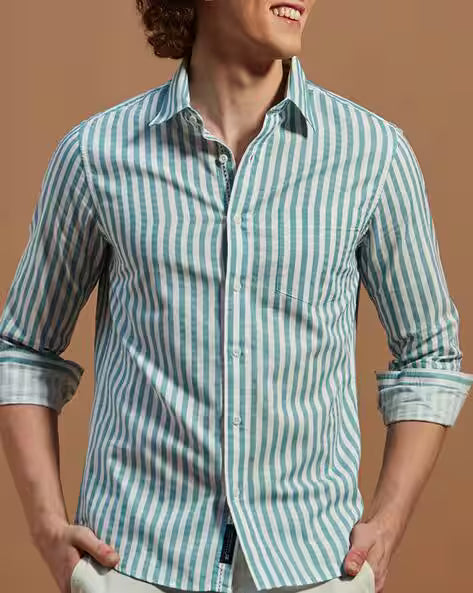 Men Striped Regular Fit Shirt with Spread Collar