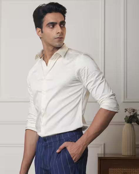 Men Slim Fit Shirt with Spread Collar