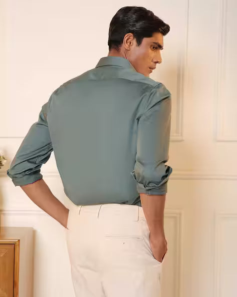 Men Slim Fit Cotton Satin Evening Shirt