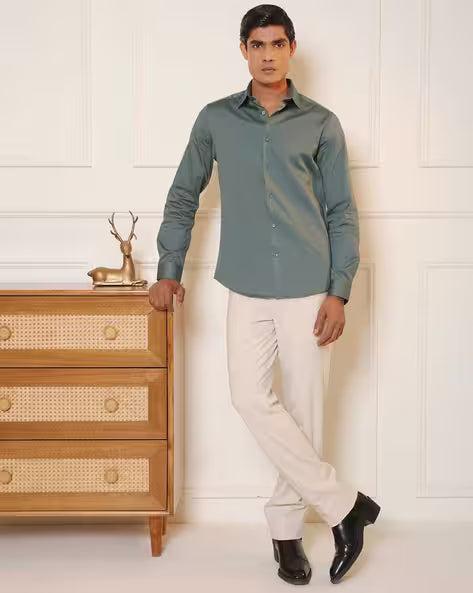 Men Slim Fit Cotton Satin Evening Shirt