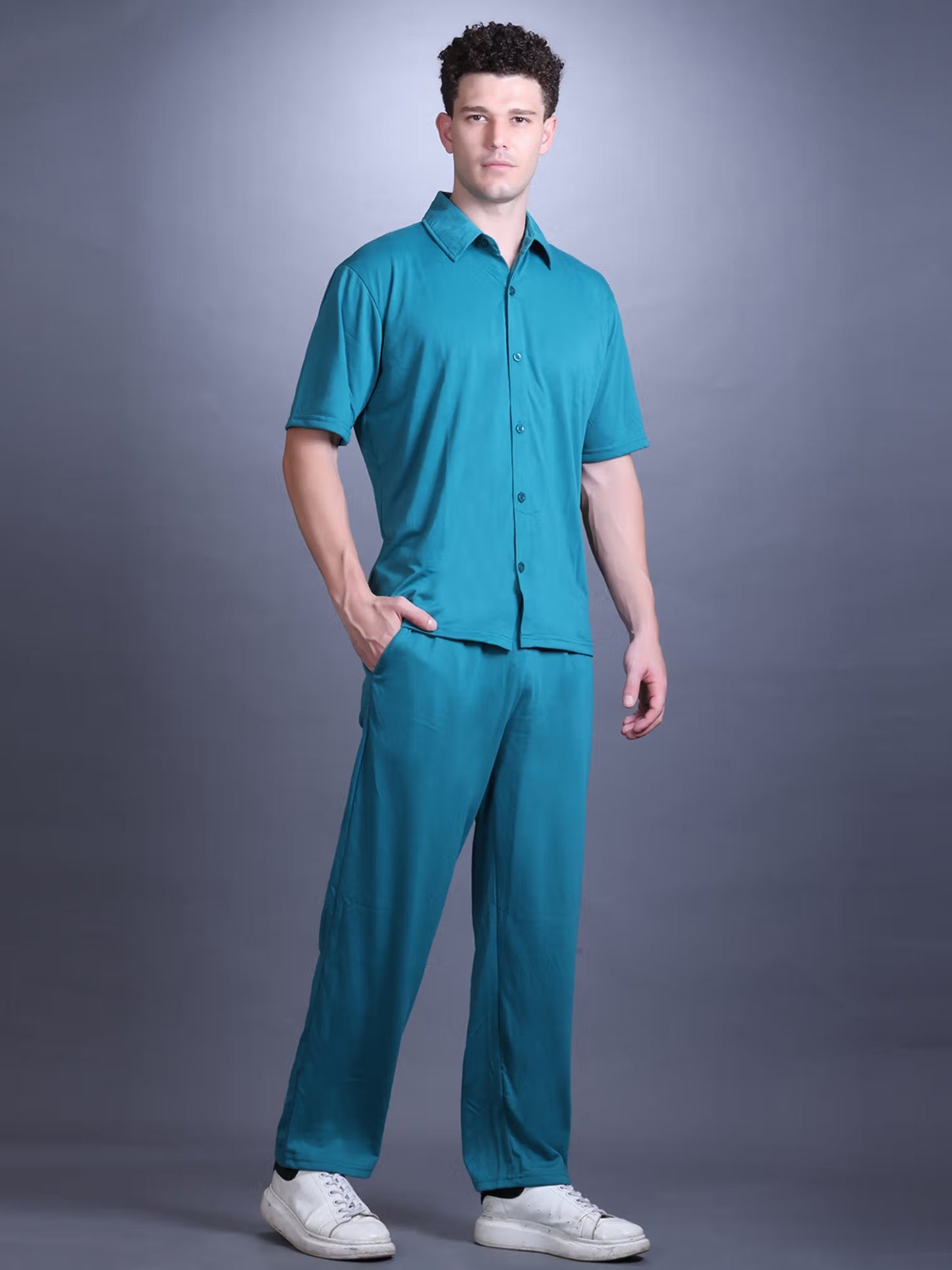 CHKOKKO Men Teal Solid Collar Neck Summer Co-ord Set