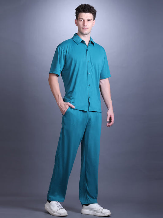 CHKOKKO Men Teal Solid Collar Neck Summer Co-ord Set