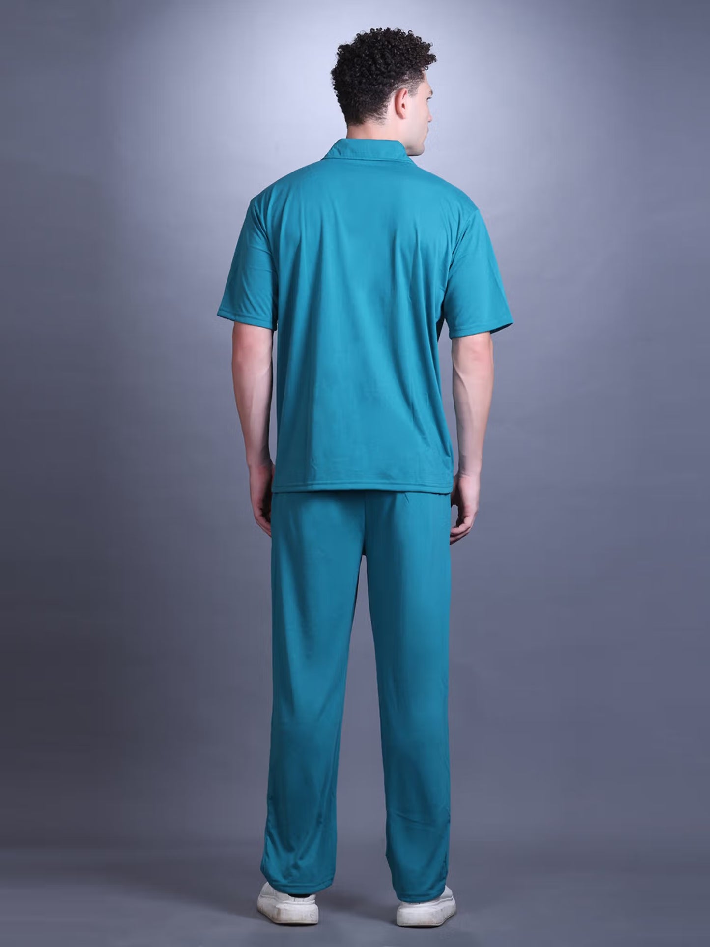 CHKOKKO Men Teal Solid Collar Neck Summer Co-ord Set