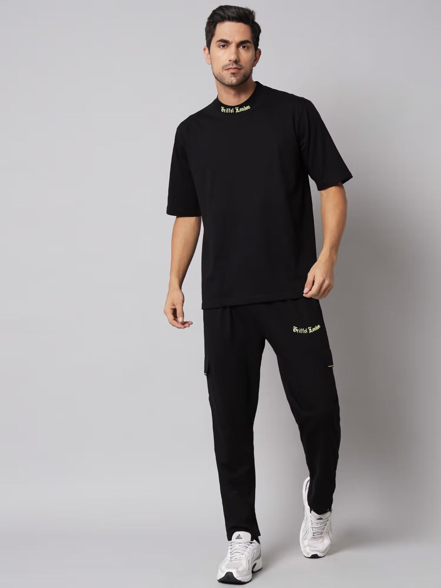 Griffel Black Men Basic Neck Logo Print Black Co-ord Set