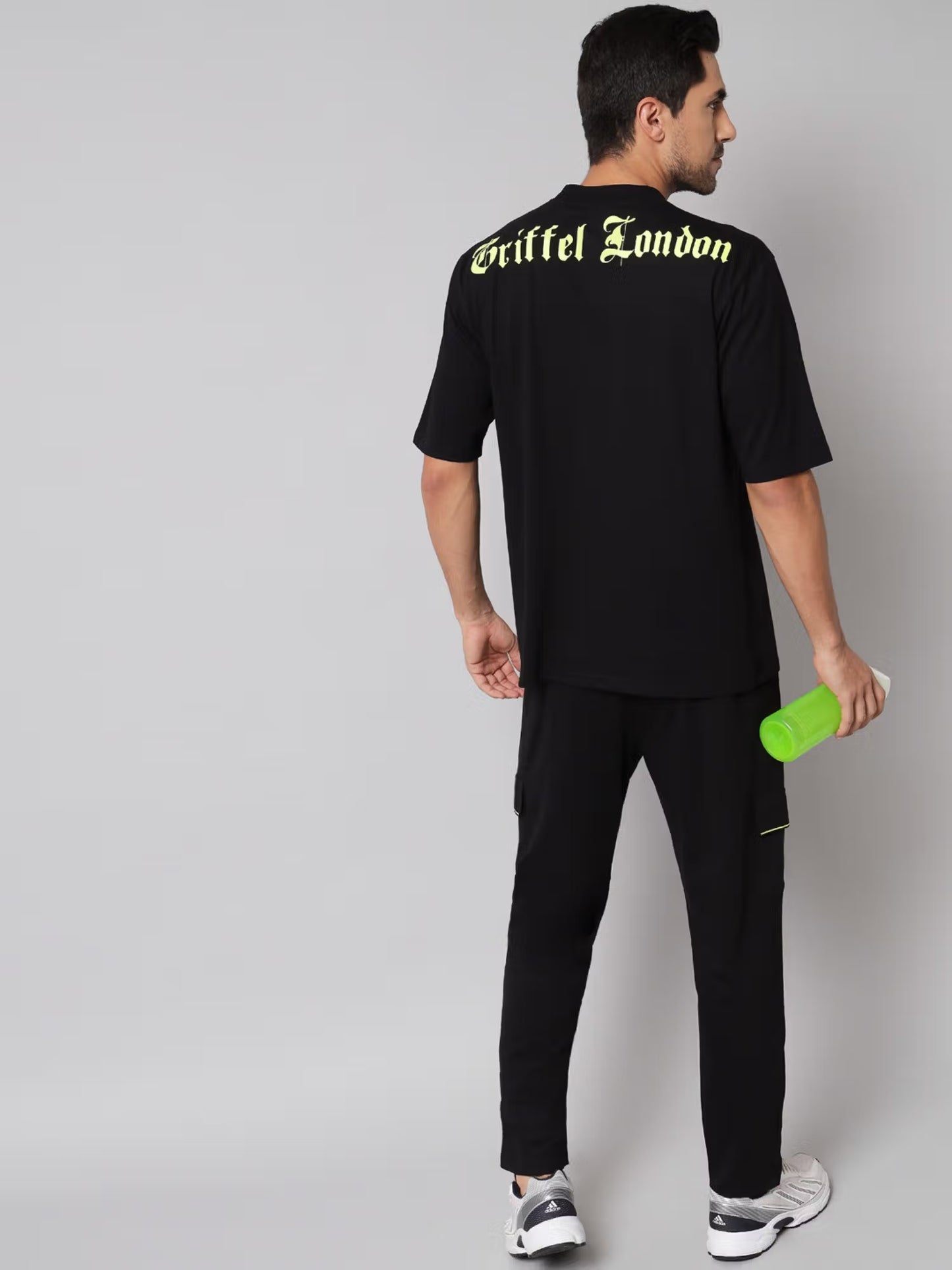 Griffel Black Men Basic Neck Logo Print Black Co-ord Set