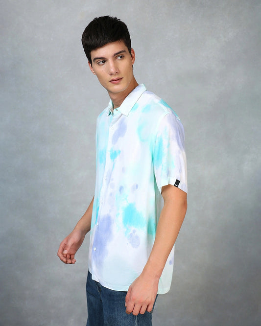 Men's White & Blue Tie & Dye Oversized Shirt
