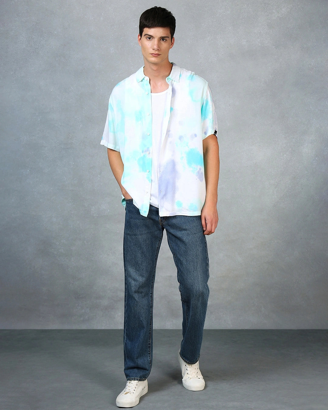 Men's White & Blue Tie & Dye Oversized Shirt
