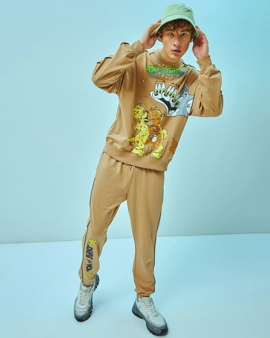 Men's Brown Tom & Jerry Graphic Printed Oversized Co-ord Set
