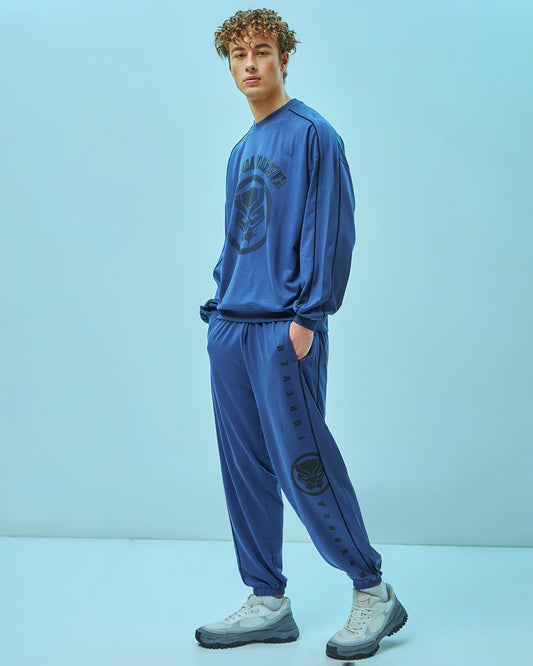 Men's Skipper Blue Black Panther Graphic Printed Oversized Co-ord Set