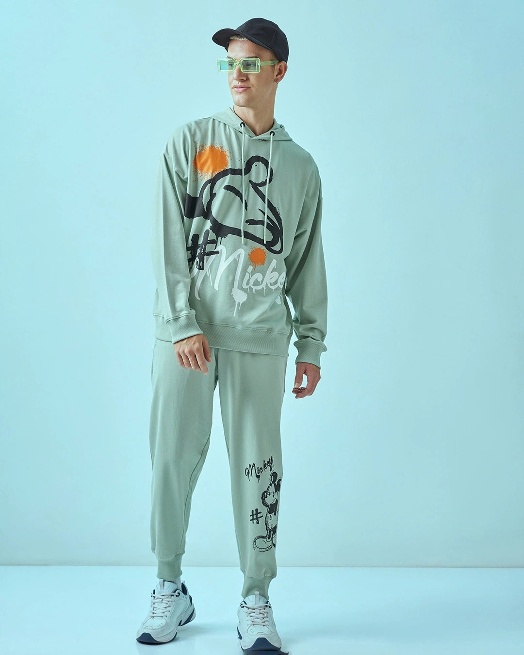 Men's Green Mickey Graphic Printed Oversized Co-ord Set