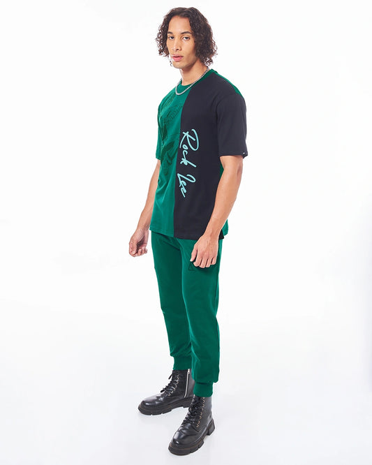 Men's Green & Black Rock Lee Graphic Printed Oversized Co-ord Set