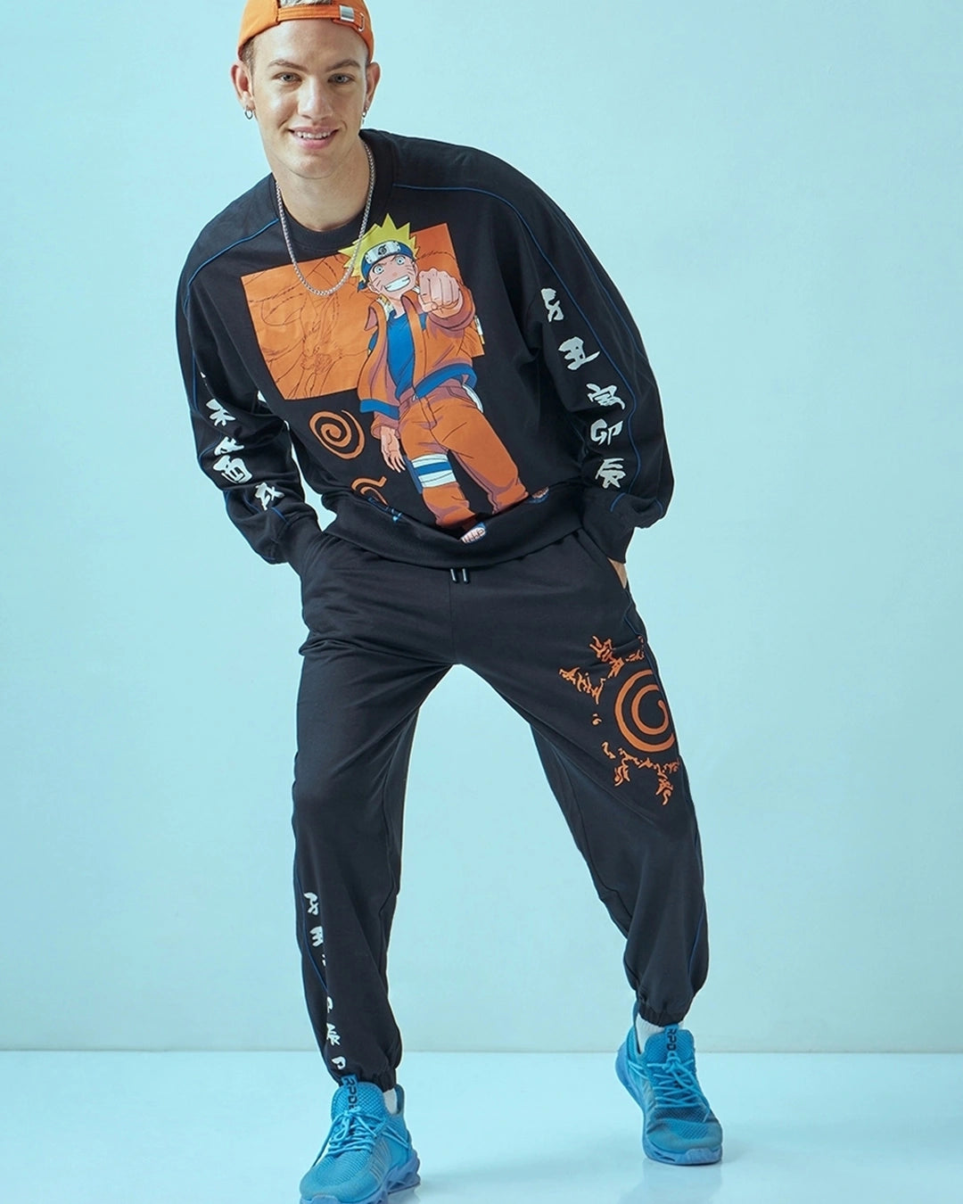 Men's Black Naruto Graphic Printed Co-ord Set