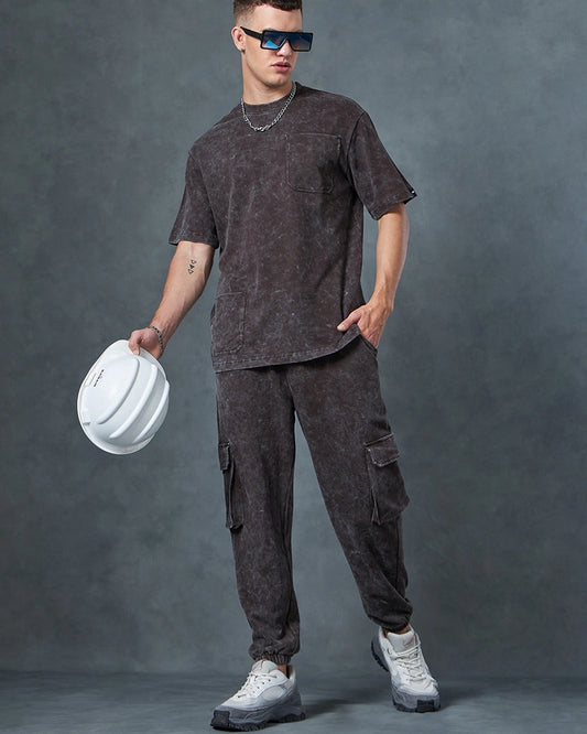 Men's Brown Oversized Acid Wash Co-ord Set