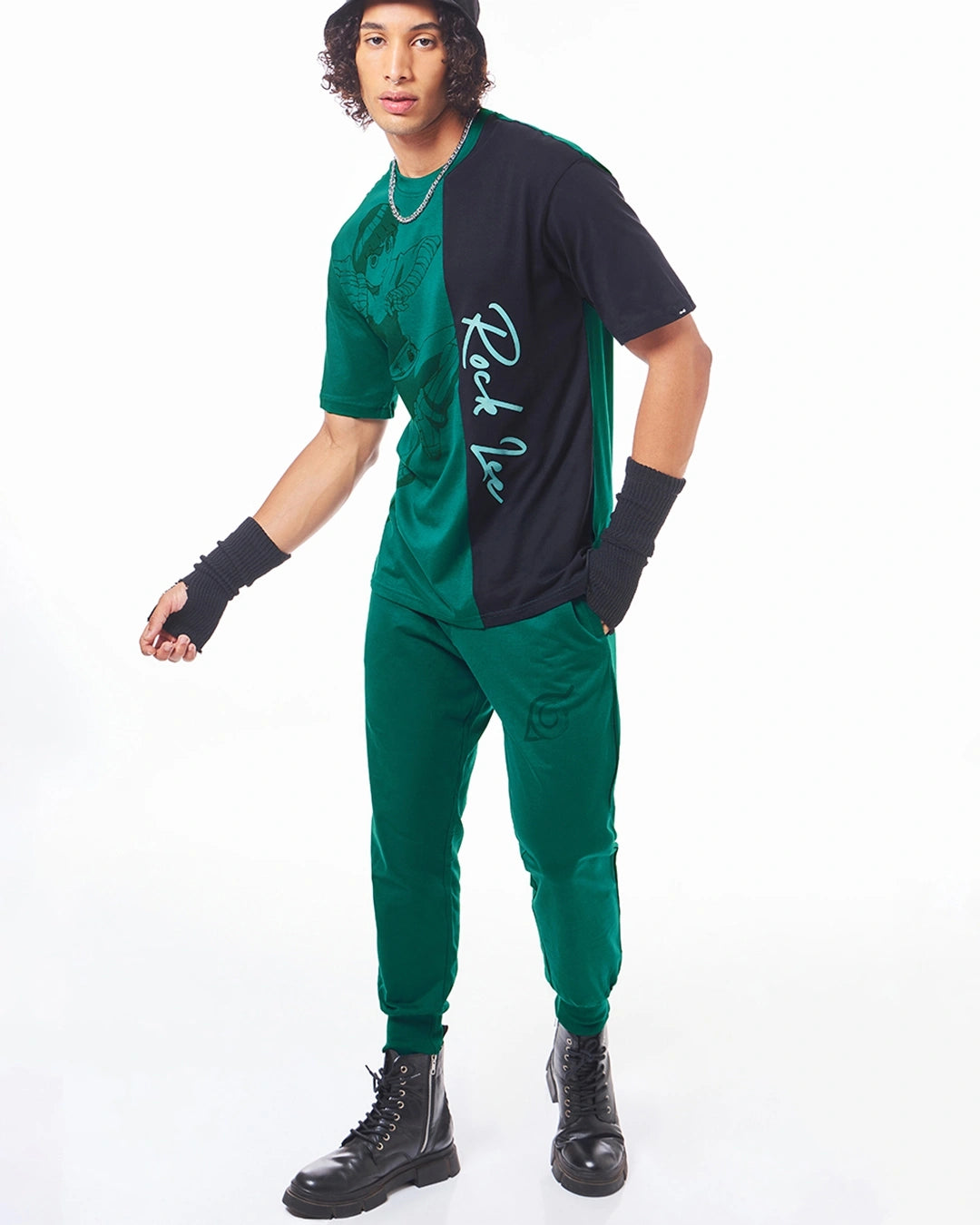 Men's Green & Black Rock Lee Graphic Printed Oversized Co-ord Set