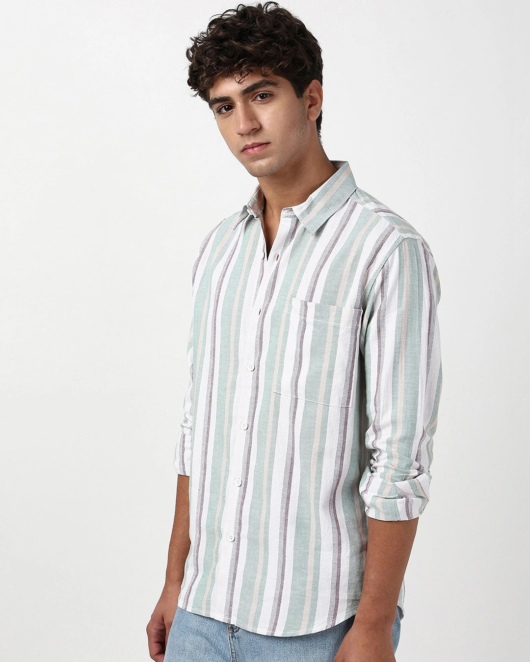 Men's White & Green Striped Shirt