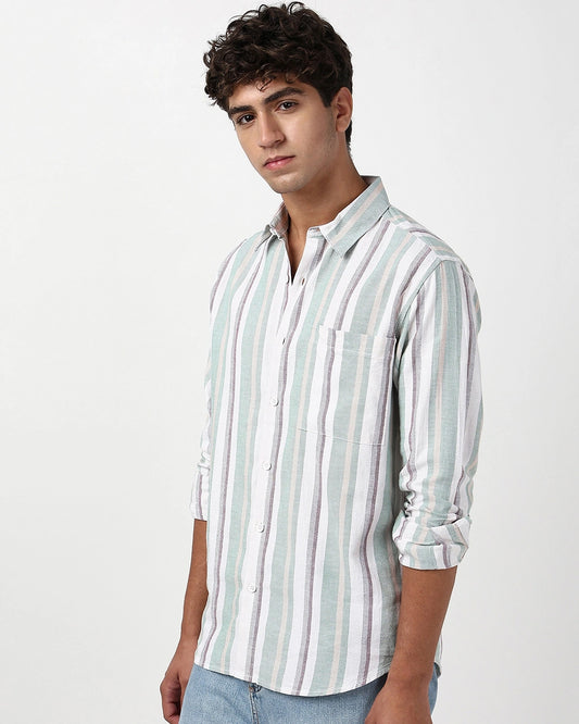 Men's White & Green Striped Shirt