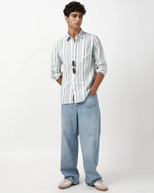 Men's White & Green Striped Shirt