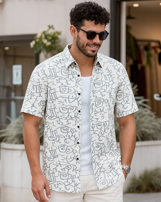 Men's Light Grey All Over Printed Oversized Shirt