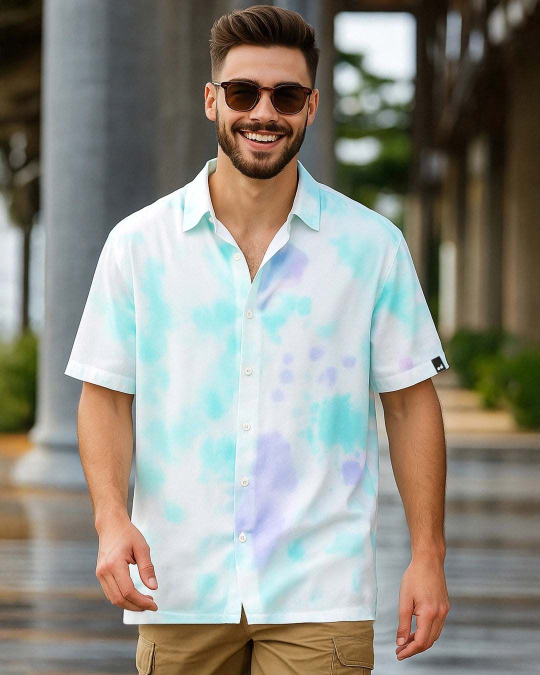 Men's White & Blue Tie & Dye Oversized Shirt