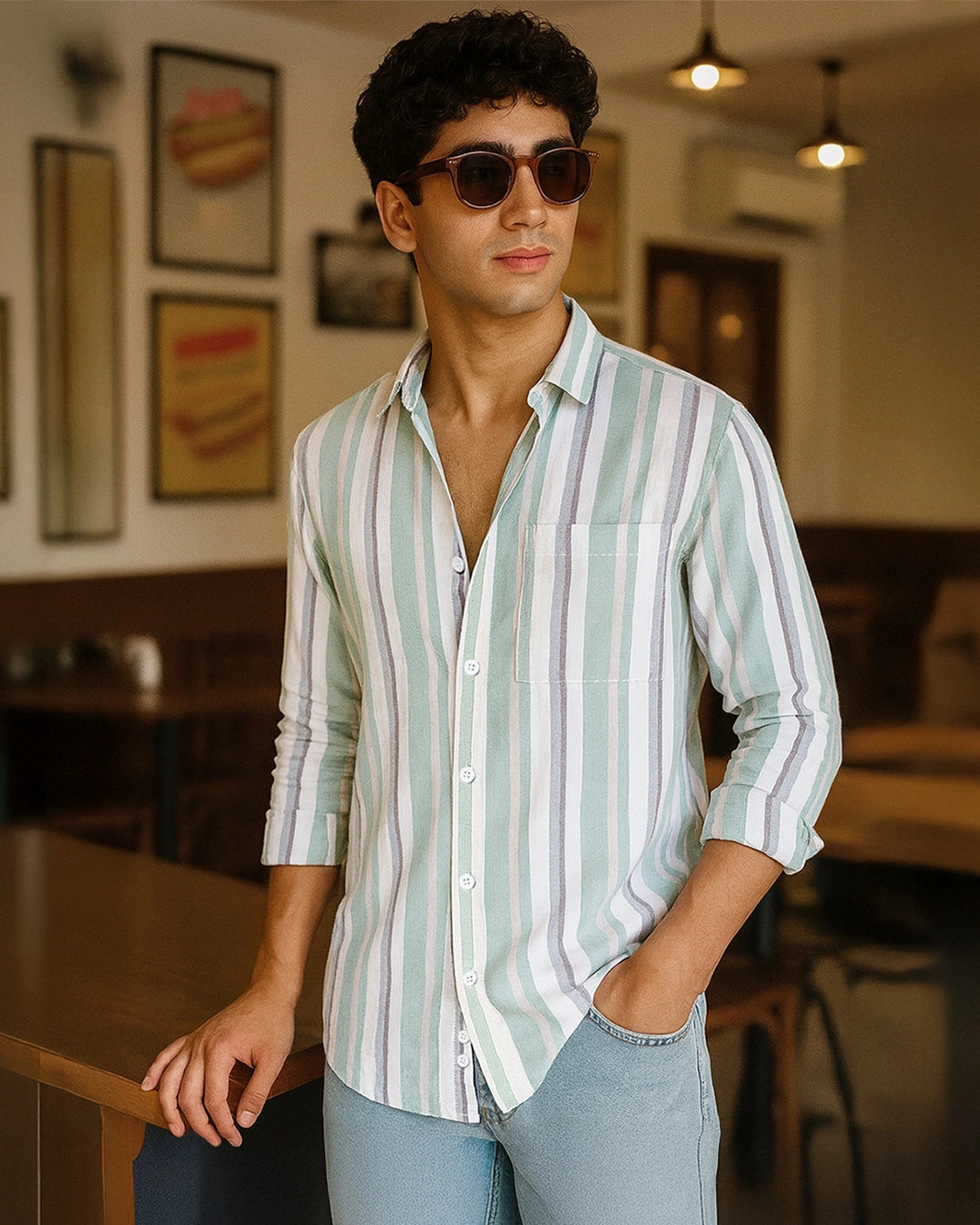 Men's White & Green Striped Shirt