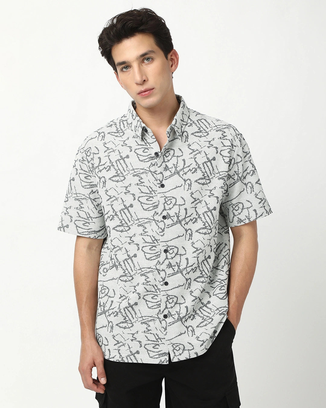 Men's Light Grey All Over Printed Oversized Shirt